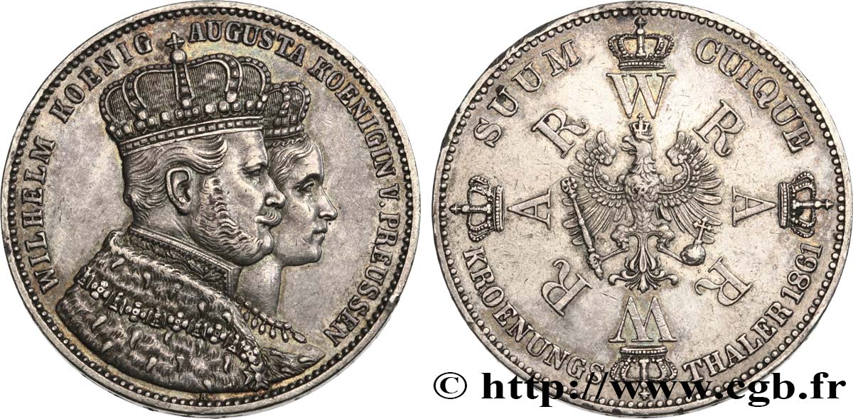 ALEMANIA - PRUSIA 1 Thaler couronnement de Guillaume Ier et Augusta 1861 Berlin MBC+ 