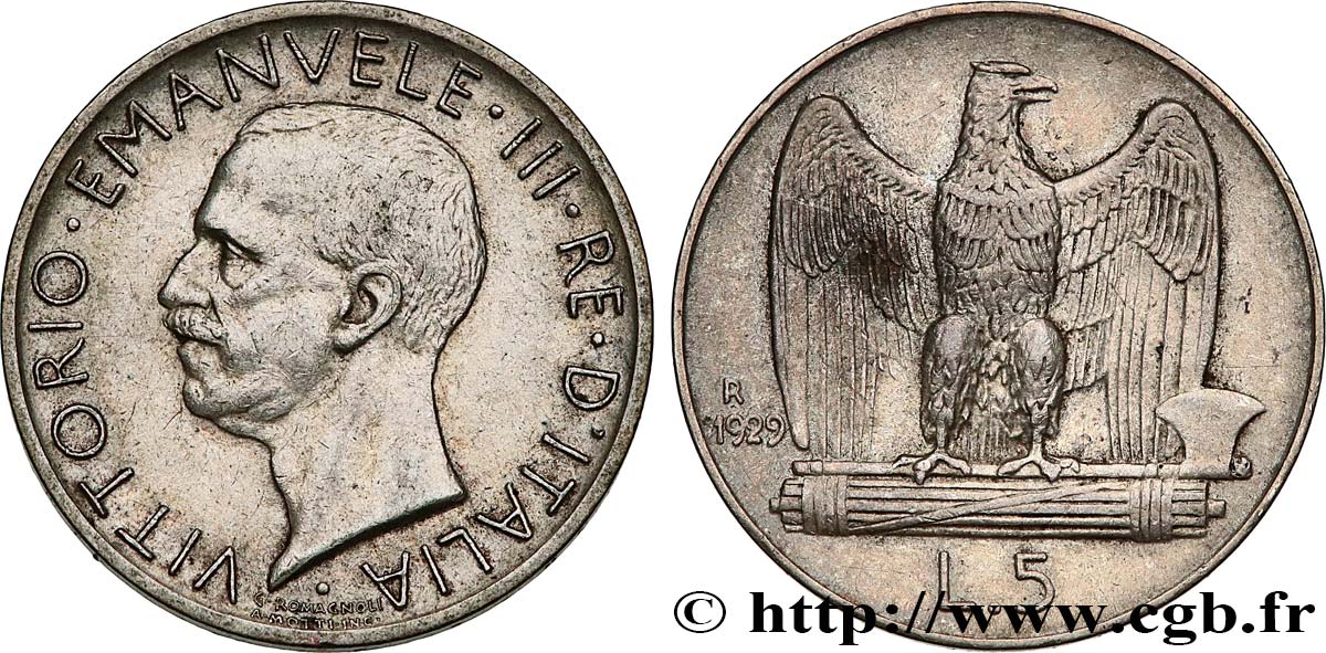 ITALIEN 5 Lire Victor Emmanuel III 1929 Rome SS 