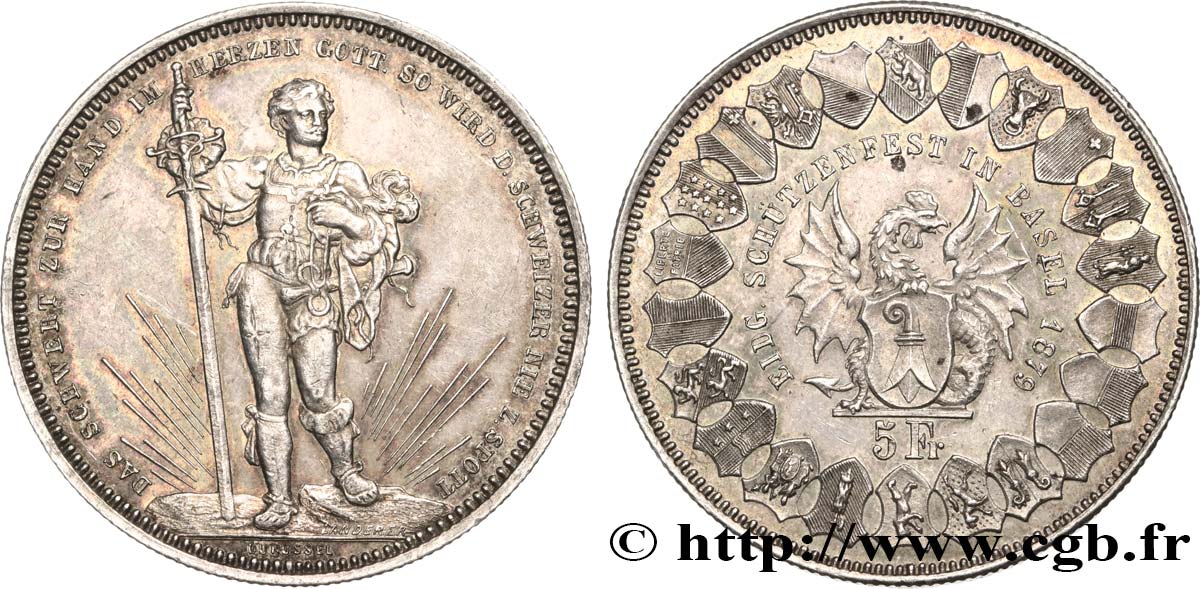 SUISSE 5 Francs, monnaie de Tir, Bâle 1879  SUP 