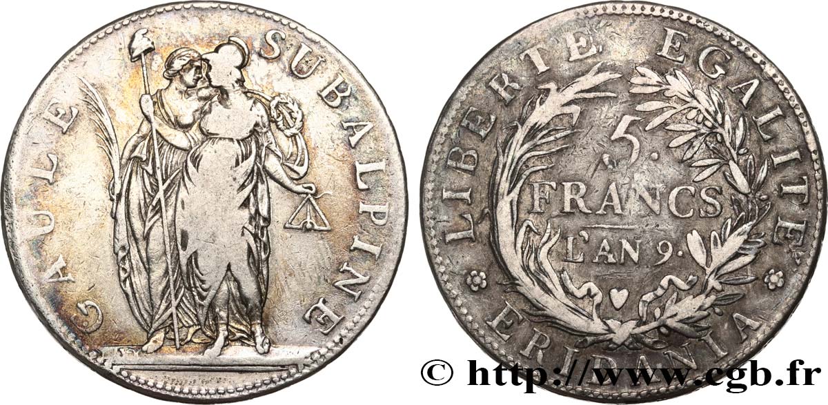 ITALIE - GAULE SUBALPINE 5 Francs an 9 1801 Turin TB 