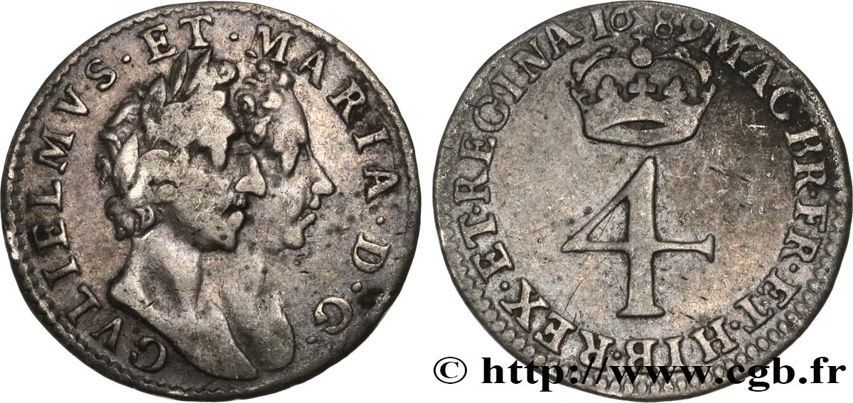 VEREINIGTEN KÖNIGREICH 4 Pence William et Mary 1689  fSS 