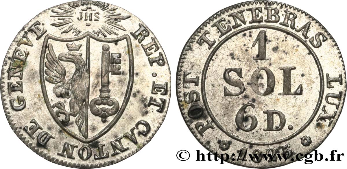 SWITZERLAND - REPUBLIC OF GENEVA 1 Sol 6 Deniers 1825  AU 