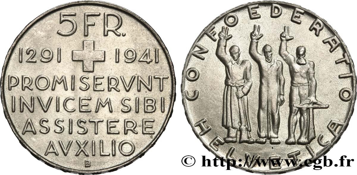 SUISSE 5 Francs 650e anniversaire de la confédération 1941 Berne SPL 