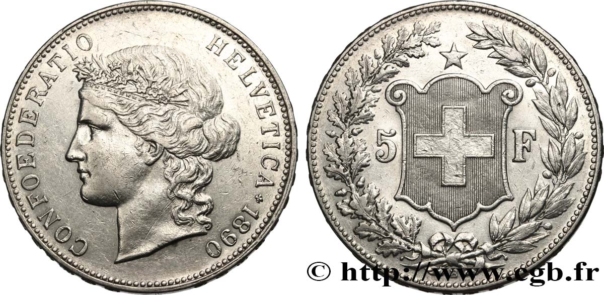 SCHWEIZ 5 Francs Helvetia 1890 Berne VZ 