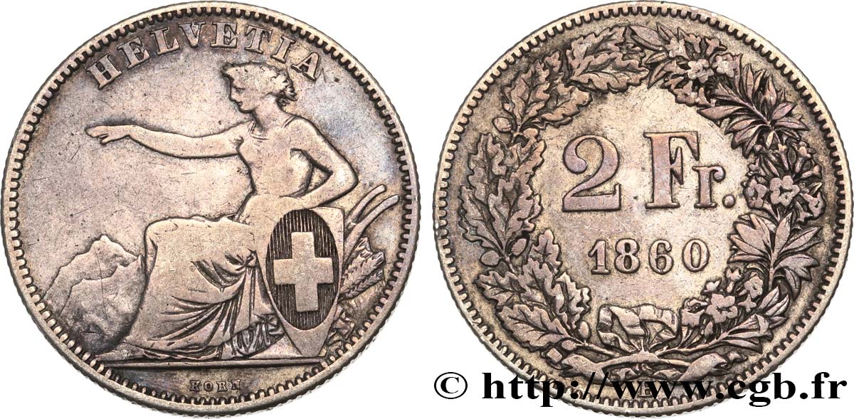 SUISSE 2 Francs Helvetia 1860 Berne TB+ 