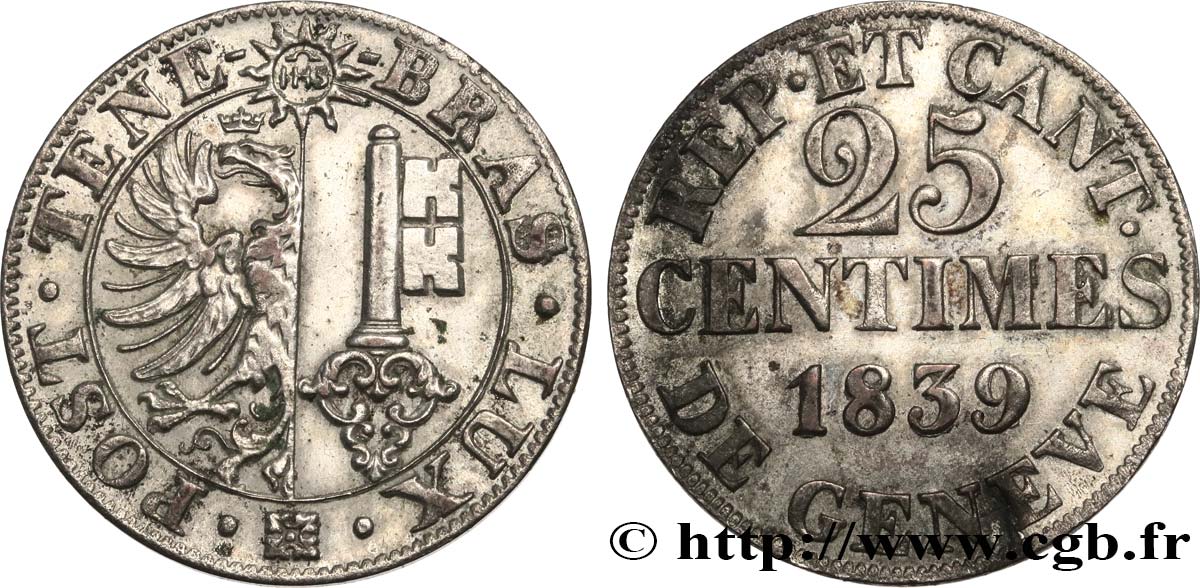 SWITZERLAND - REPUBLIC OF GENEVA 25 Centimes 1839  AU 