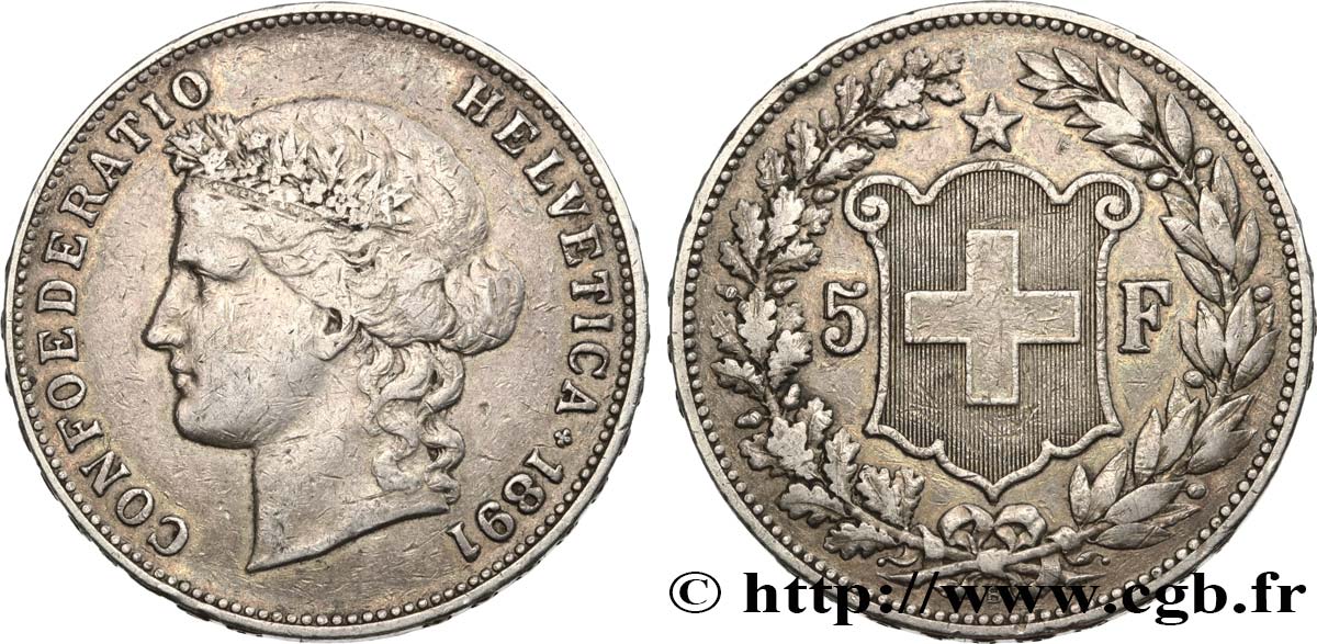 SUISSE 5 Francs Helvetia buste 1891 Berne TTB 