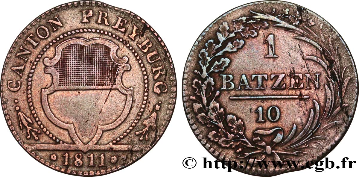 SWITZERLAND - CANTON OF FRIBOURG 1 Batzen (10 Rappen) 1811  XF 