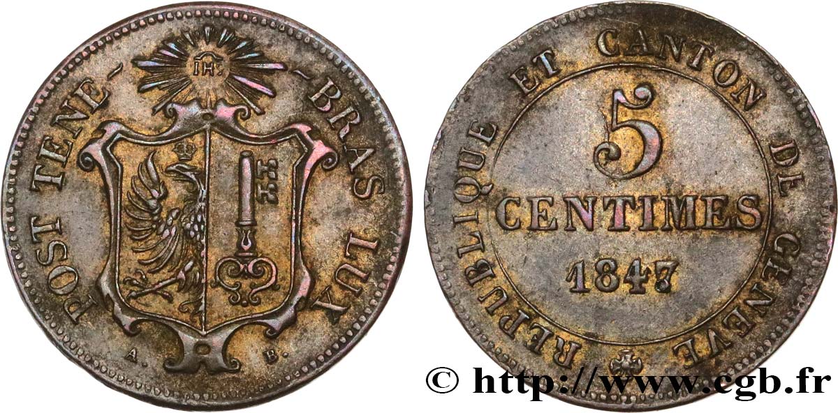 SUISSE - RÉPUBLIQUE DE GENÈVE 5 Centimes 1847  TTB 