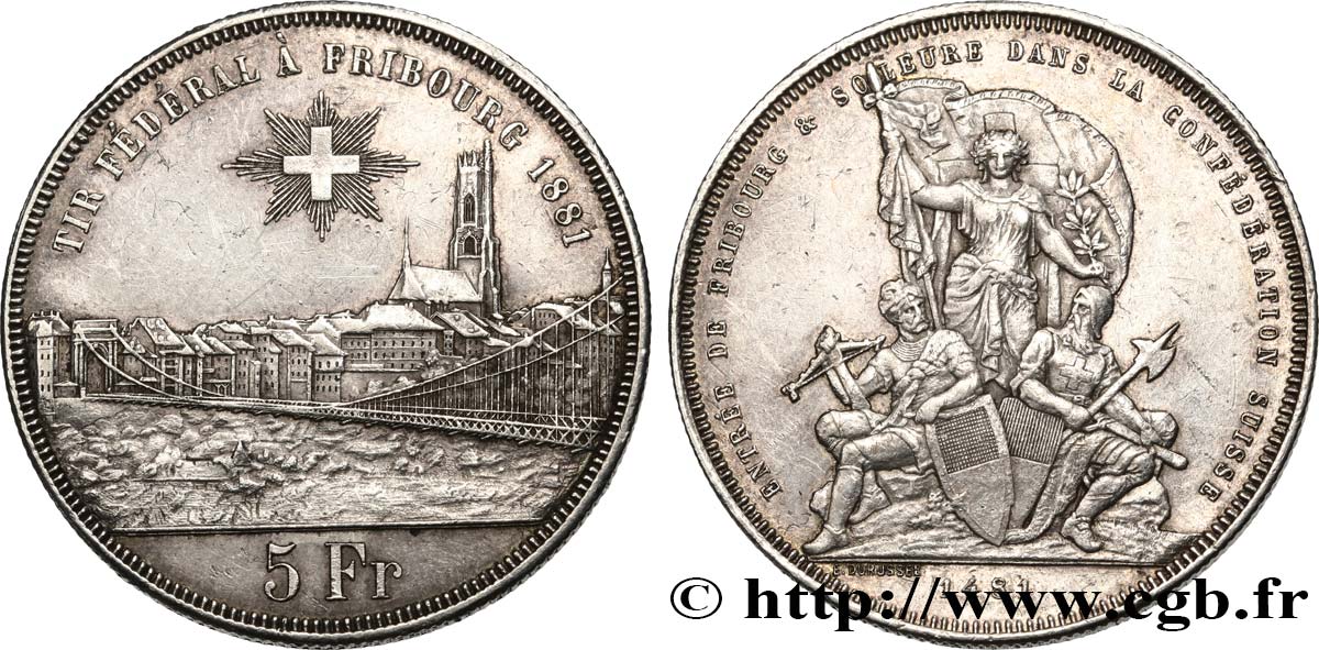 SUISSE 5 Francs, monnaie de Tir, Fribourg 1881  TTB+ 