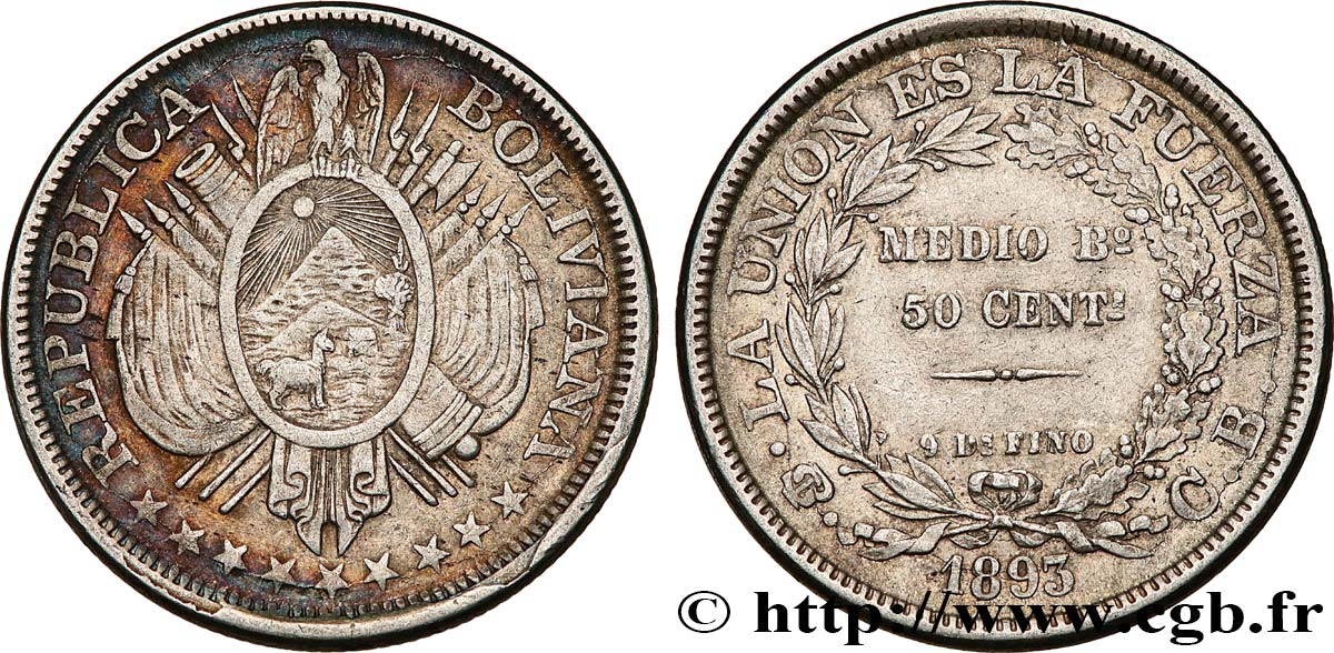 BOLIVIE 50 Centavos (1/2 Boliviano) 1893 Potosi TTB+ 