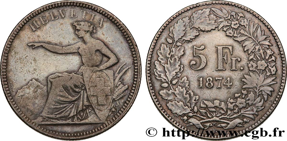 SUIZA 5 Francs Helvetia assise 1874 Bruxelles MBC 