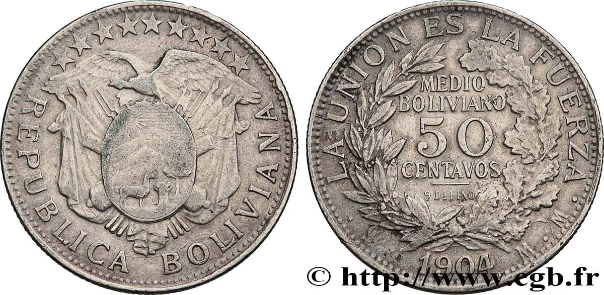 BOLIVIE 50 Centavos (1/2 Boliviano) 1904 Potosi TTB 