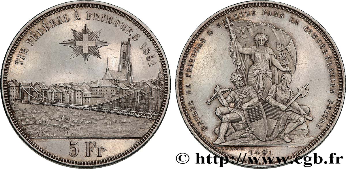 SUISSE 5 Francs, monnaie de Tir, Fribourg 1881  SUP+ 