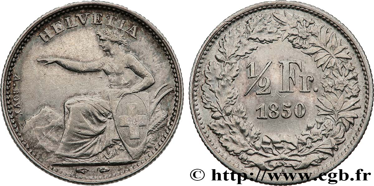 SUISSE 1/2 Franc Helvetia 1850 Paris TTB+ 