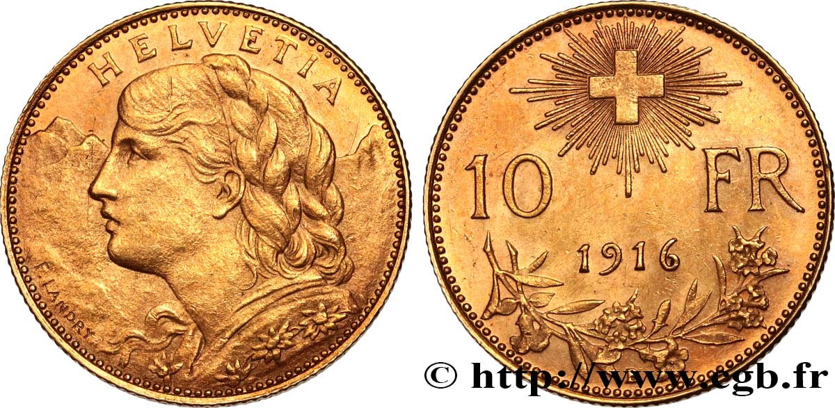 SUISSE 10 Francs or  Vreneli” 1916 Berne SUP 