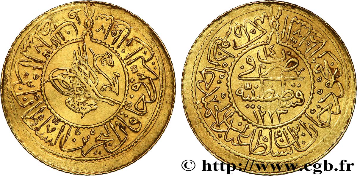 TURKEY Rumi altin Mahmud II AH 1223 an 14 1821 Constantinople XF 