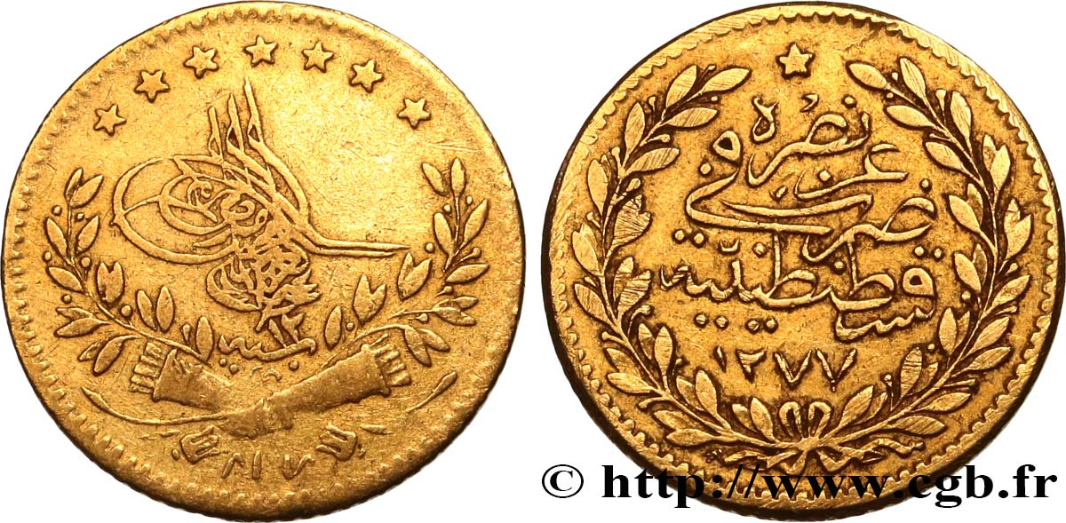 TURKEY 25 Kurush Sultan Abdul Aziz AH 1277 an 12 (1871) Constantinople VF 