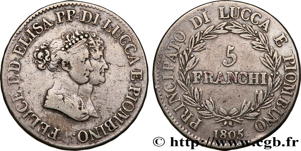 ITALIE - LUCQUES ET PIOMBINO 5 Franchi - Moyens bustes 1805 Florence TB+ 