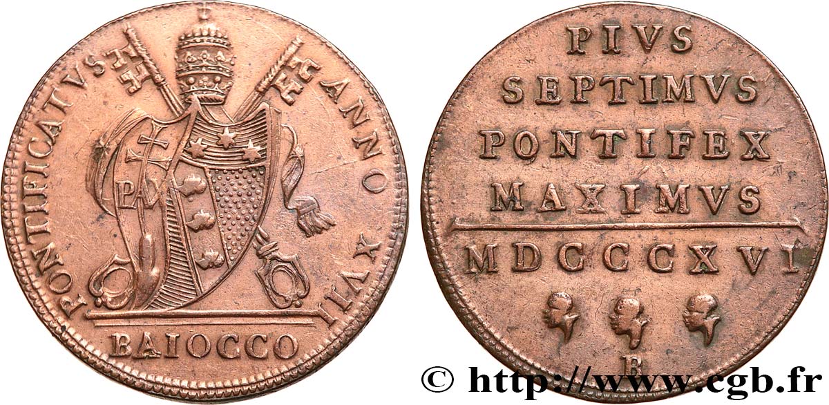 VATICAN ET ÉTATS PONTIFICAUX 1 Baiocco Pie VII an XVII 1816 Bologne TTB 