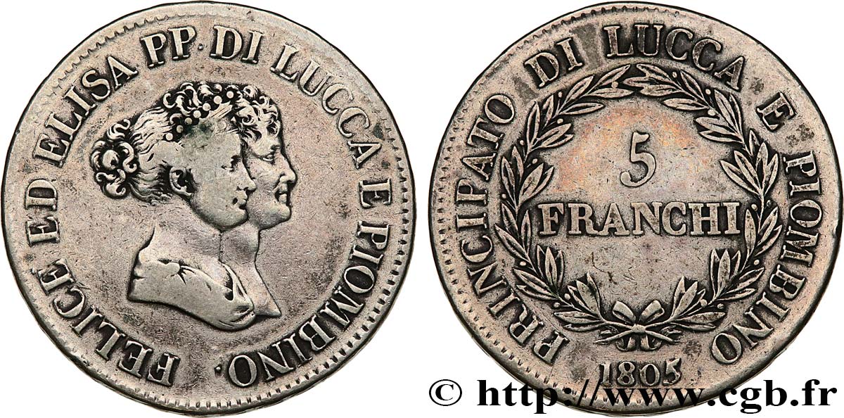 ITALIA - LUCCA E PIOMBINO 5 Franchi - Moyens bustes 1805 Florence MB/q.BB 