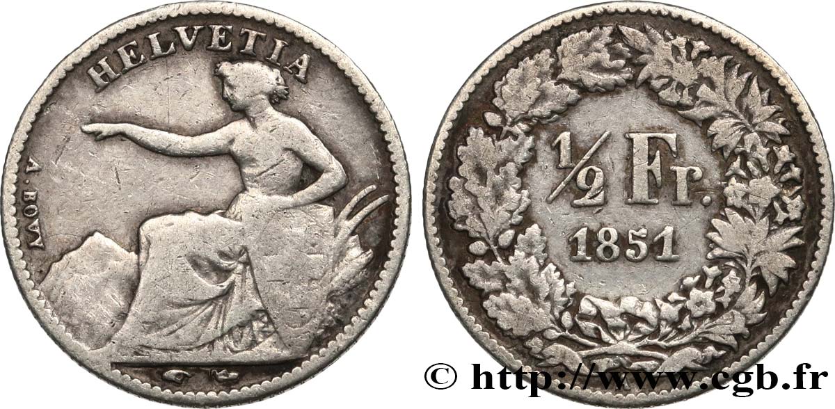 SWITZERLAND 1/2 Franc Helvetia 1851 Paris VF/XF 