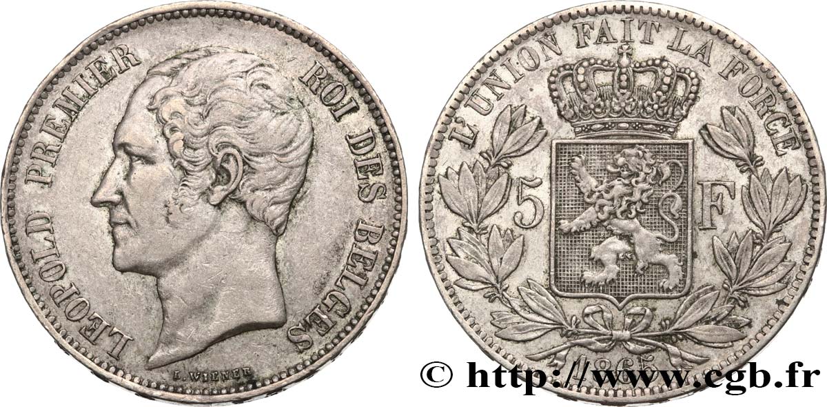 BELGIQUE 5 Francs Léopold Ier tête nue 1865  TTB+/SUP 
