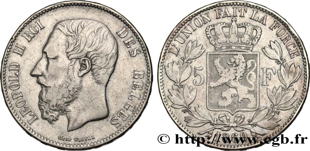BELGIUM 5 Francs Léopold II 1869  XF 