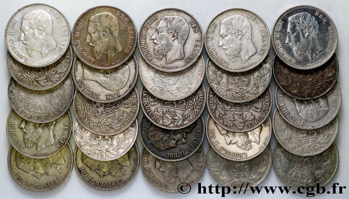 SILVER INVESTMENT Lot de 25 monnaies de 5 Francs Léopold II 1869-1876  MB 