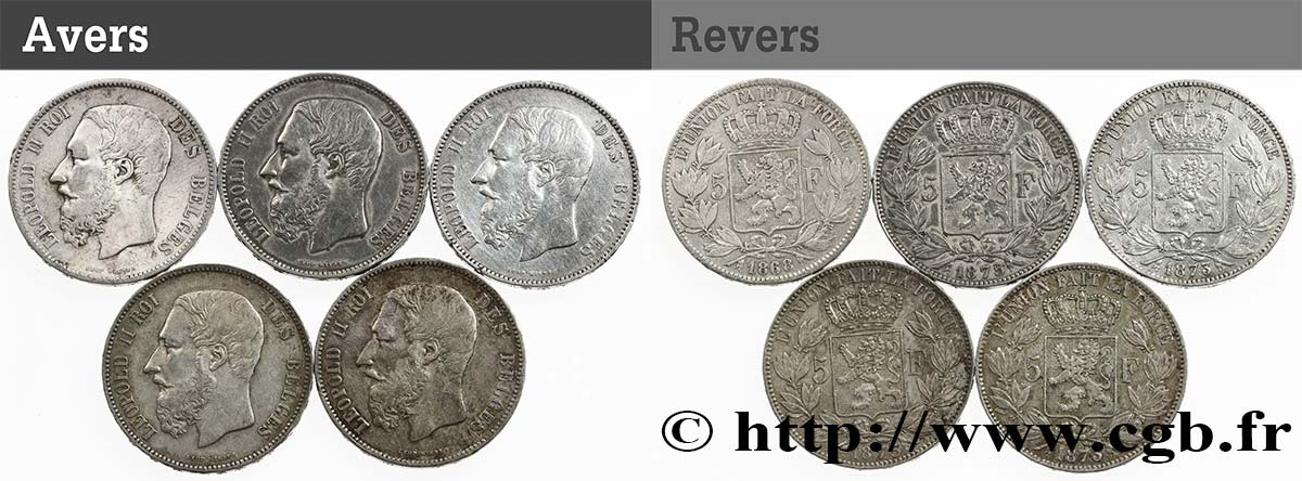 ARGENT D INVESTISSEMENT Lot de 5 monnaies de 5 Francs Léopold II 1867-1876  TB 