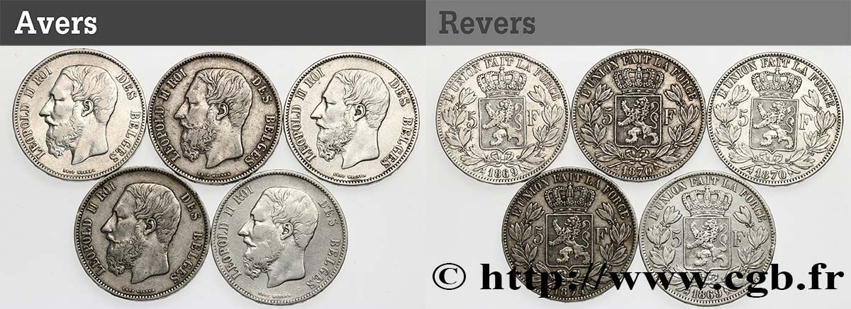BELGIQUE Lot de 5 monnaies de 5 Francs Léopold II 1867-1876  TB 