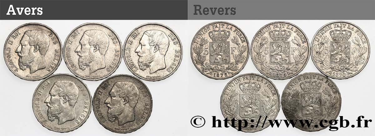 SILVER INVESTMENT Lot de 5 monnaies de 5 Francs Léopold II 1867-1876  BC 