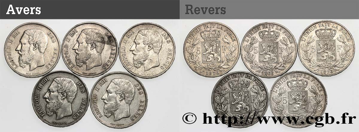 SILVER INVESTMENT Lot de 5 monnaies de 5 Francs Léopold II 1867-1876  VF 