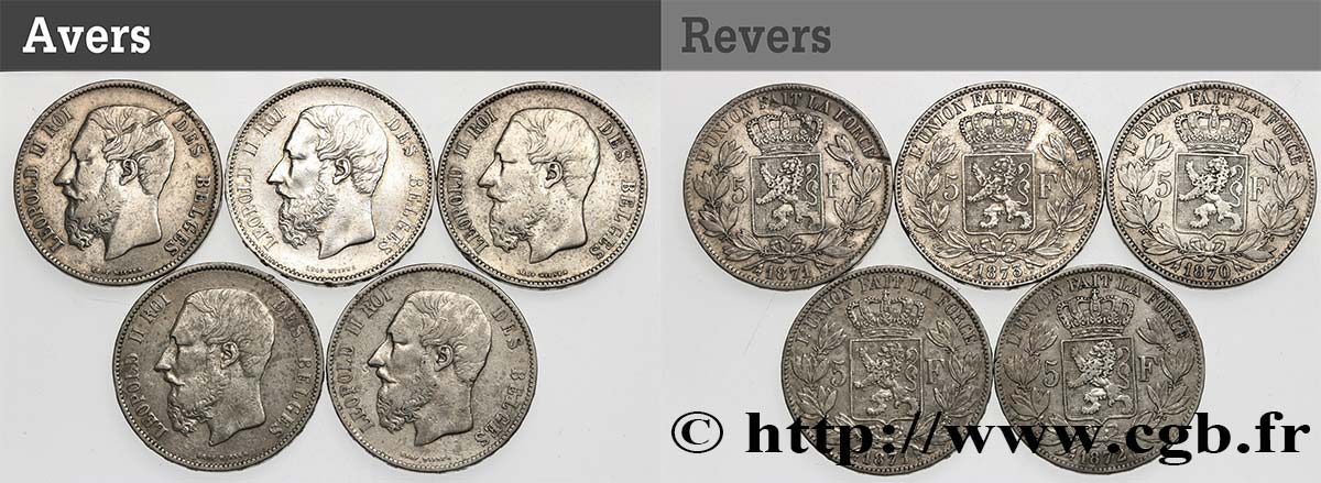 SILVER INVESTMENT Lot de 5 monnaies de 5 Francs Léopold II 1867-1876  VF 