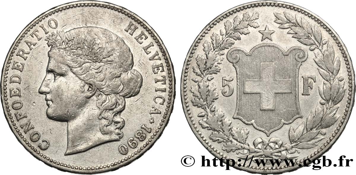 SWITZERLAND - CANTON OF BERN 5 Francs Helvetia 1890 Berne XF 