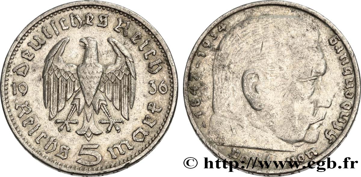 GERMANY 5 Reichsmark Maréchal Paul von Hindenburg 1936 Berlin XF 