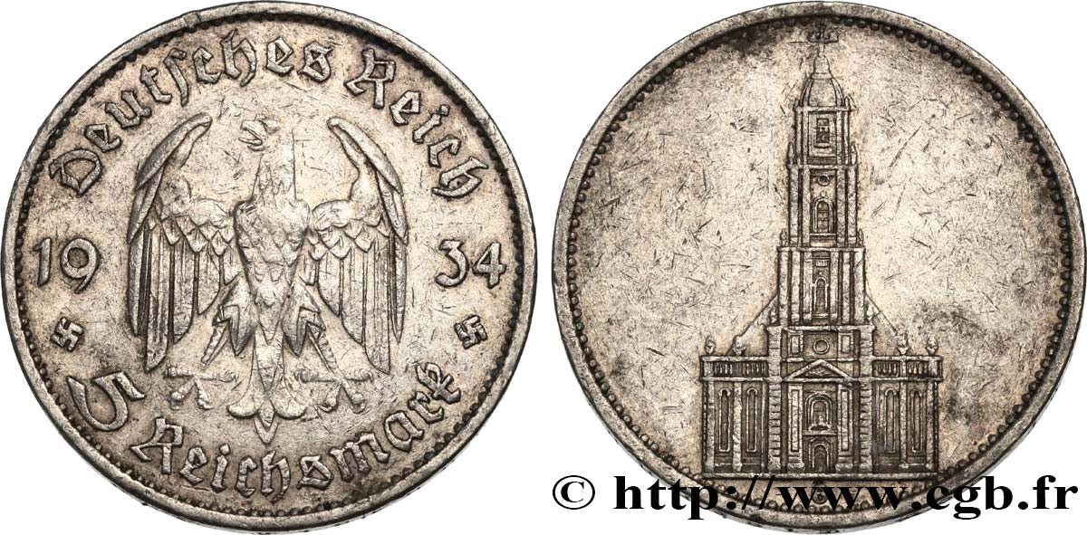 GERMANY 5 Reichsmark église de la garnison de Potsdam 1934 Karlsruhe XF 