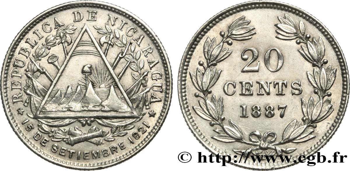 NICARAGUA 20 Cents 1887 Heaton AU 