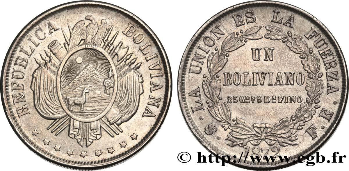 BOLIVIA 1 Boliviano 1872 Potosi MBC+ 