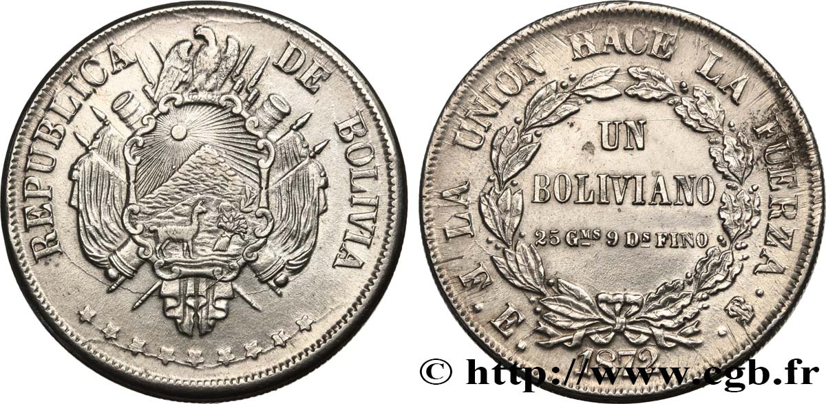 BOLIVIA 1 Boliviano 1872 Potosi MBC 