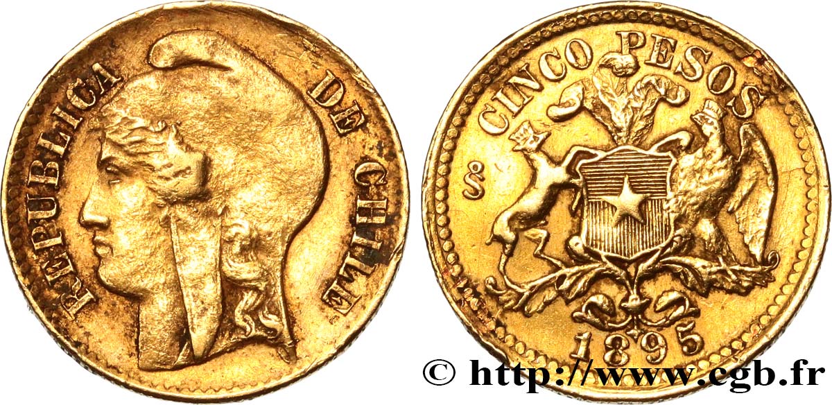 CHILI - RÉPUBLIQUE 5 Pesos or 1895 Santiago XF 