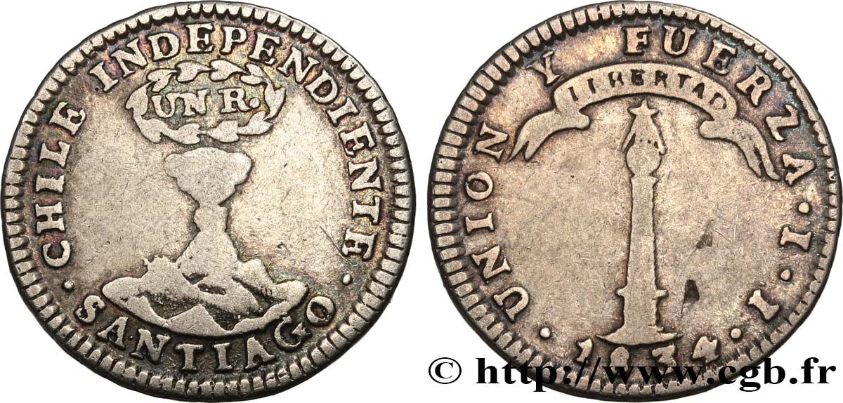 CHILE 1 Real 1834 Santiago VF 