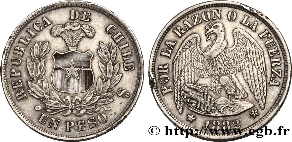 CHILE 1 Peso Condor 1882 Santiago AU 