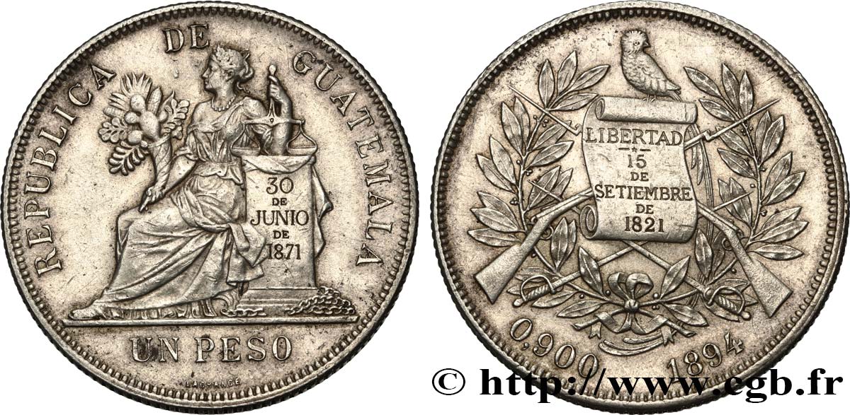 GUATEMALA 1 Peso 1894 Heaton fVZ 