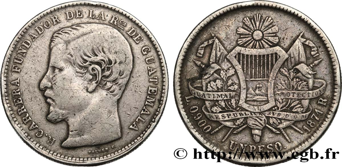 GUATEMALA 1 Peso Rafael Carrera 1871  BB 