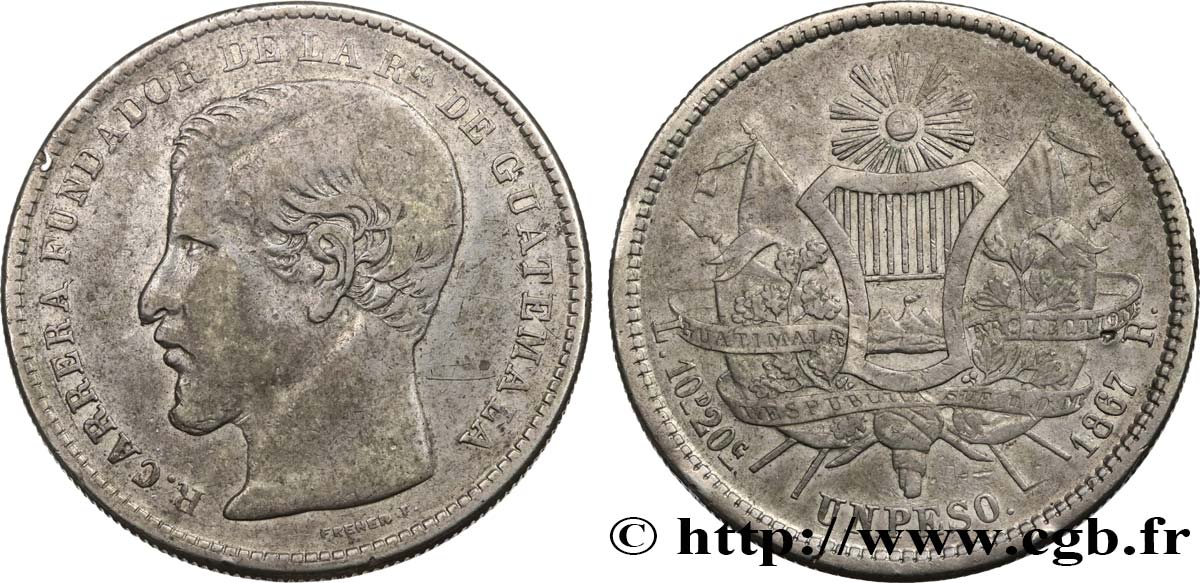 GUATEMALA 1 Peso Rafael Carrera 1867  TB+/TTB 