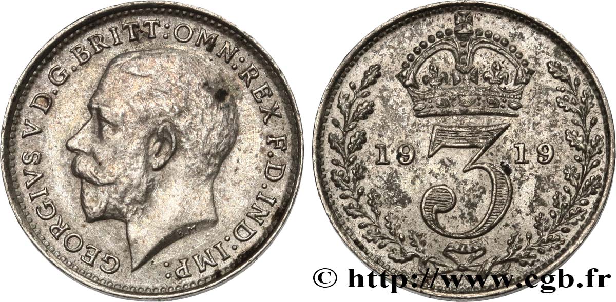 VEREINIGTEN KÖNIGREICH 3 Pence Georges V 1919  VZ 
