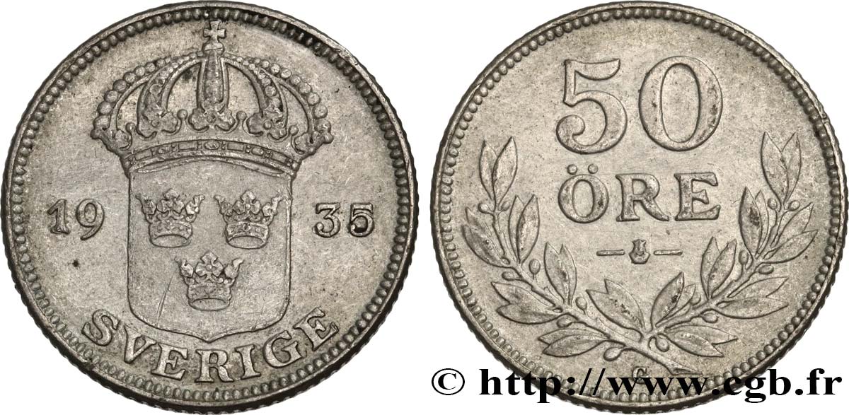 SWEDEN 50 Ore écu couronné - Gustave V 1935  AU 