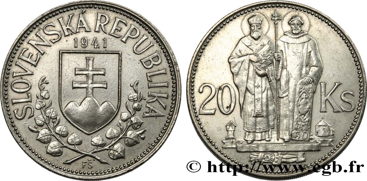 SLOVAQUIE 20 Korun St Cyril et St Méthode variété avec croix à simple barre 1941  TTB+ 