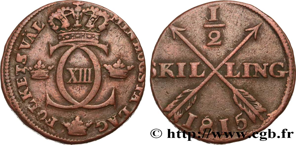 SWEDEN 1/2 Skilling Charles XIII 1815  XF 